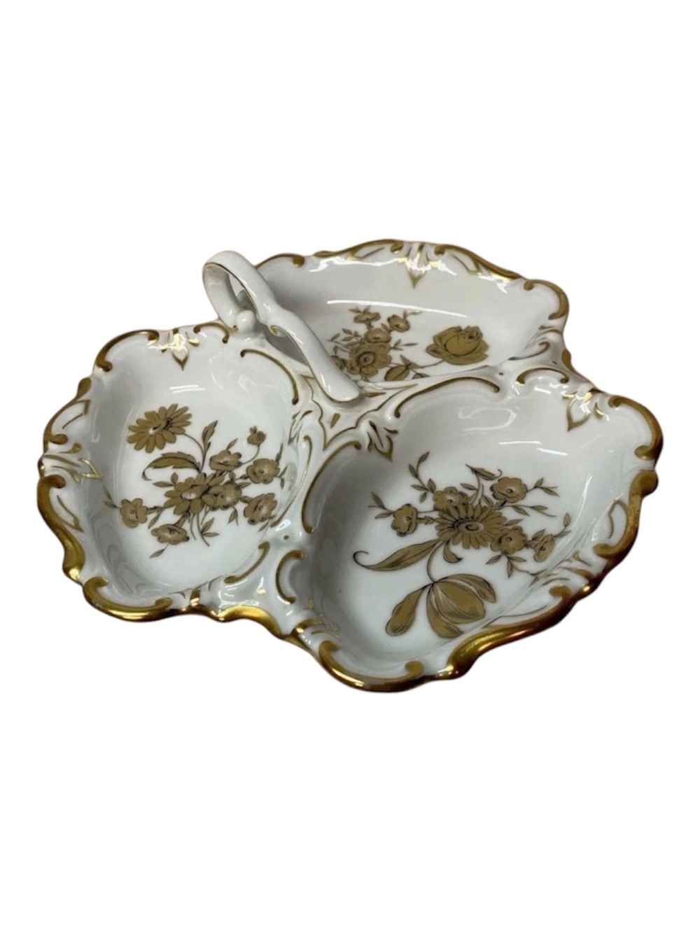 Vintage German Ilmenau Henneberg Porcelain 3-Compartment Gold Floral Dish